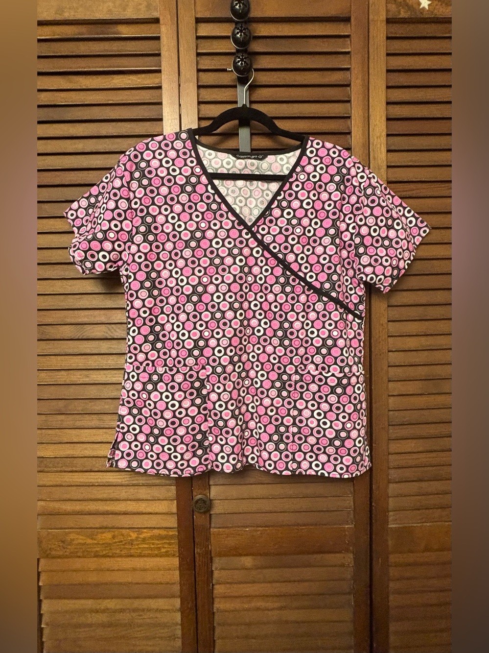 V-Neck Scrub Top with Mock Wrap Design and Circles Pattern
